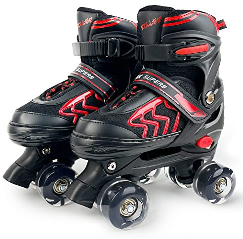 Rollschuhe für Kinder mit Leuchtenden Rädern für Mädchen und Jungen, Größen verstellbare Atmungsaktiv Quad Skates Verstellbare (Rote, M)