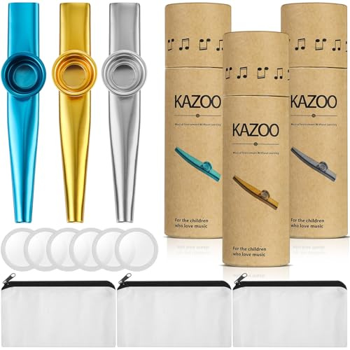 Boao 3 Kazoos Mental Kazoo for Adults Musical Instruments for Easter Basket Stuffers Welcome Back to School Gift Includes 3 Kazoos 6 Flute Diaphragms 3 Round Gift Boxes, and 3 Canvas Bags Party Favors
