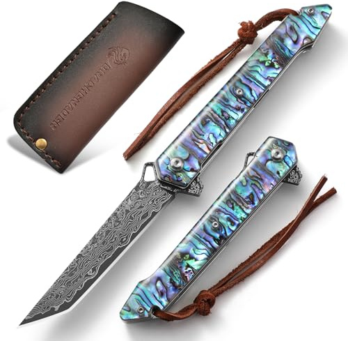 DRACHENADER Taschenmesser aus 67-lagigem VG10-Damaststahl, Klappmesser mit Abalone-Muscheleinlage, inklusive Lederetui – Exklusives Sammlerstück für den Alltag