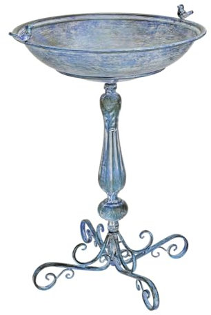 JS Garten Deko Jugendstil Vogeltränke mit Ständer in blau aus Eisen Romantische Gartendeko Vogelbad, Höhe 74 cm