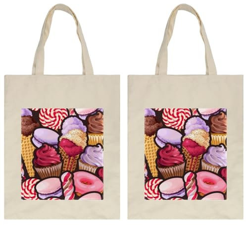 VAPOKF Sacs fourre-tout en toile, réutilisables, respectueux de l'environnement, sacs à bandoulière pour le shopping, le travail, l'école, les voyages, le quotidien – Crème glacée, macaron et bonbons,