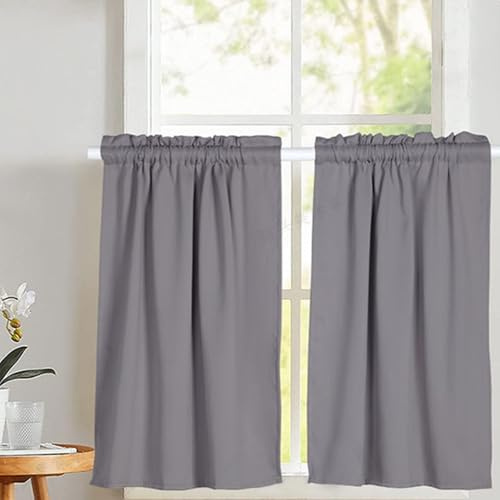 Whoiy Rideau Court sous Evier Gris Lot de 2, Rideau Petite Fenetre Salle de Bain Occultant Passe Tringle Couleur Unie Rideau pour Placard Bas de Cuisine Polyester 90x90cm