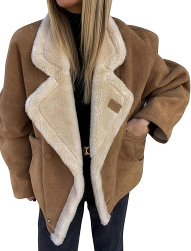 Veste en Peau de Mouton retournée doublée Sherpa pour Femme Manteau épais en Polaire à la Mode d'hiver (café,S)