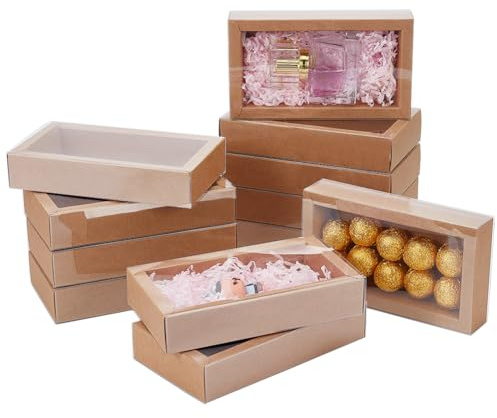 BENECREAT 12pcs BurlyWood Papier Geschenk-Boxen, 16,2x9,2x3,2cm Schublade Boxen mit PVC-Fenster Abdeckung für Party Gunst Leckereien, Schmuck, Vorschlag Geschenk-Verpackung
