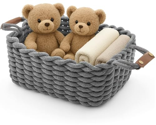 Aufbewahrungskorb Geflochten, Waschbar und Faltbar, Körbchen mit Ledergriffen, Aufbewahrungs box ideal für Accessoires, Kosmetika, das Badezimmer (Grau, L33*W22*H15CM)