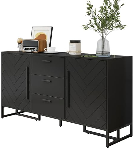 Kommode Sideboard mit Fischgrätenmuster, Aufbewahrungsschrank mit 2 Türen und 3 Schubladen für Esszimmer, Buffetschrank mit großem Stauraum und Metallgriffen für Küche und Wohnzimmer ,Schlafzimmer