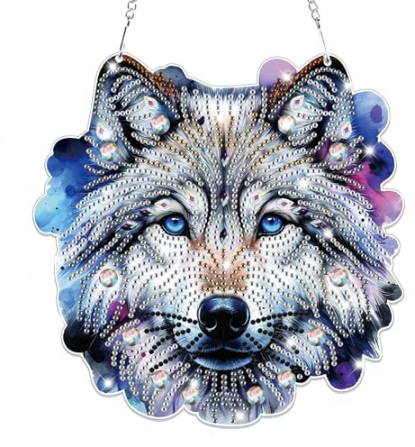 Lxmsja 5D Diamond Painting Anhänger, Diamond Painting Wolf Kinder Erwachsene, Hängende Ornament Bastelset Kreativ Set für Erwachsene Geschenk Mädchen 7 8 9 10 11 Jahre, Kranz Tür Fenster Deko