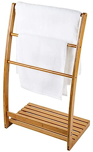 IKVODEOS towel holder Bamboo 3 Tier Freestanding Towel Rack Pun Free Bathroom Towel Bar Stand with Clothes Drying Stand and Shelf Holder