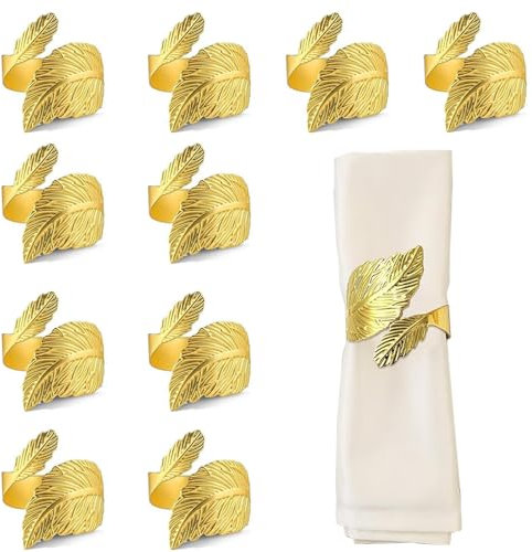Glamifyr 10 STK Serviettenringe Gold,Napkin Rings Serviettenringe Weihnachten Servietten Ringe,Metall Gold Serviettenschnallen Blätter für Hochzeit Festessen Bankett Geburtstag Abendessen Dekoration