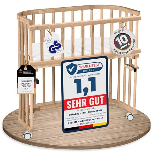 babybay Maxi extra großes Beistellbett aus massivem Buchenholz/Kinderbett Höhe stufenlos verstellbar & umweltfreundlich/mit Matratze, Gitter, Rollen (Natur lackiert)