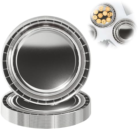 16 Stück Pappteller, Partyteller, Metallische Teller in Silber, Einwegteller, Goldfolie Teller Set,17.8cm Partygeschirr Set, Dessertteller für Geburtstag Party,Hochzeiten,Jubiläums,Weihnachten,Silber