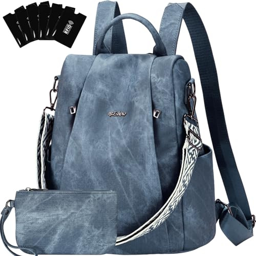Eshow Rucksack Damen Klein, Anti-Diebstahl Elegant Cityrucksack, Wasserdichter Tagesrucksack Veganes Leder, Rucksacktasche mit Clutchbag RFID Blocker Modern für Pendeln Schule Arbeit Reise Blau