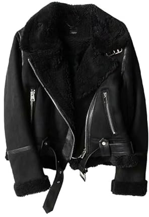 Chaqueta De Piel De Sherpa De Gamuza para Mujer, Chaqueta De Bombardero De Invierno De Forro Polar Cálido, Abrigo De Motociclista con Forro De Sherpa, Abrigo De Piel De Aviador De Invierno con Cuel