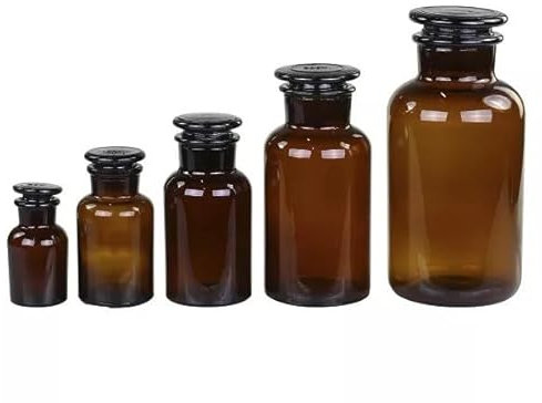 Fyne-Finds Set of 5 Amber Old French Apothecary Glass With Lid Chemist Botanical Jar Stem Storage Large & Small Bottles Home Decorative Candle Jar