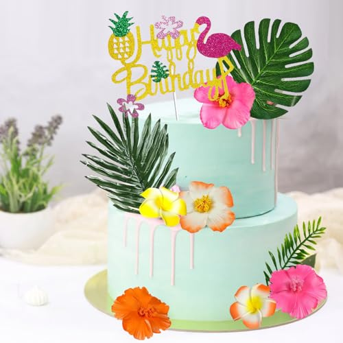 10 Stück Flamingo Deko Kuchendekoration Happy Birthday Tortendeko,Hawaiianische Kuchendekoration Flamingo Tortendeko,Torten Deko Blumen Hawaii Party Deko