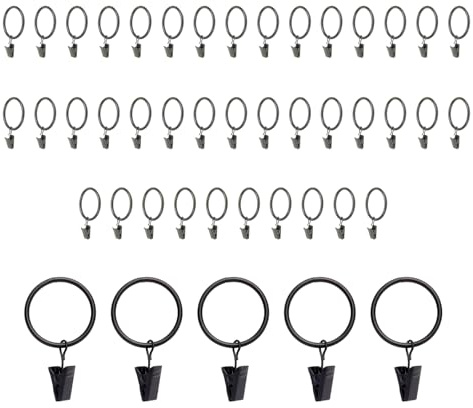 HERKINDNESS 40 Stück Gardinenringe, 32mm Vorhangringe mit Clips, Schwarz Matt Gardinenringe, Metall Vorhangringe, für Vorhänge mit Ring, für Vorhänge, Duschvorhänge, Wäscheleinen (Schwarz)
