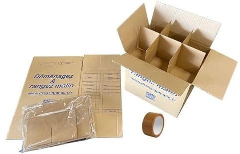 Kit Déménagement, 2 Cartons 32x34x26 cm avec Séparateurs pour 12 Verres à Pied, Adhésif 48mmx66m