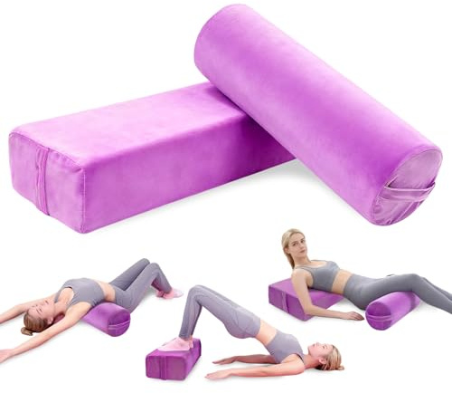 JZHLLA 2 PCS Yoga Bolster Pillow Set Washable Velvet Cover Meditation Bolster with High Density Foam and Carry Handle Rectangular and Cylinder Bolsters for Restorative Yoga