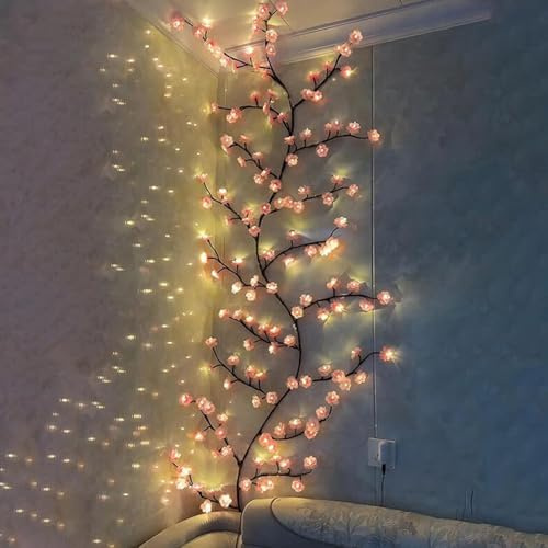 Liakyunf Lámparas LED de Rama de Árbol para Pared,Enredadera De Sauce Iluminada Con Flores Rosas - 8 Modos Decoración de Pared para Dormitorio | Navidad Bodas Ventanas Puertas Fiestas