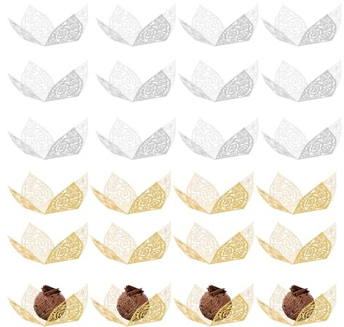 PYSEOSISE Envolturas para Trufas de Chocolate, 60 Piezas Cápsulas para Trufas, Capacillos Dorados y Blancos para Cupcakes Wrappers para San Valentín Boda Cumpleaños