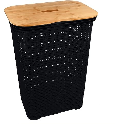HRB Wäschekorb mit Deckel Rattan 65 Liter, Wäscheaufbewahrung aus Kunststoff, Wäsche Sortierer (Schwarz-Bambus)
