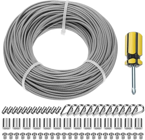 QWORK® Cable de acero inoxidable 50M/2mm, M2 manguitos de cable, M2 anillos de engarce, para exteriores, kit de suspensión de cuerda