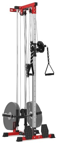 Wall Mount Cable Machine - Dual Pulley Cable Crossover System with 20 Adjustable Positions for LAT Pulldown, Row & Total Body Training | Includes LAT Bar, Tricep Rope, t-Bar & Foot Board for Home Gym