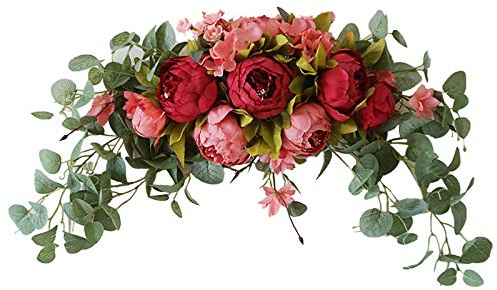Skönlitteratur konstgjord silkesblomma, vintage röd vägghängande dörrdekor, 75 cm blomsterarrangemang för inomhus utomhus bröllop öppen spis dekoration