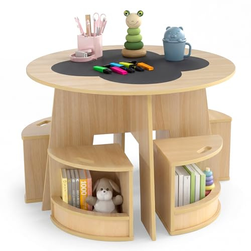 COSTWAY 2 in 1 Set Tavolo e 4 Sedie per Bambini 3+ Anni, Set Tavolo Rotondo e Sedie con Portaoggetti, Tavolino in Legno Salvaspazio per Cameretta Ragazzi e Asilo Nido (Naturale)