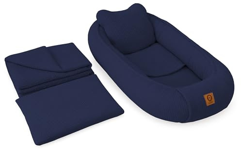 Babynestchen Neugeborene – 5-teiliges Baby Set mit Babynest aus Waffelpique Baumwolle – Nestchen Baby für Babybett & Kinderbett – Babykokon Tragbar – OEKO-TEX zertifiziert – Zubehör Babybett - Marine