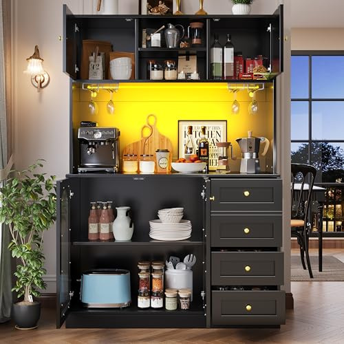 DHWDS Sideboard 120x40x188 cm – Farmhouse Storage Cabinet with LED Light Strip and Drink Holders, 4 Doors Fluted Glass, Tall Buffet Cabinet with Anti-Tip Device