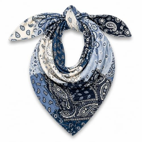 Ziona Nickituch Damen 60x60 cm aus 100% Baumwolle – kleines Halstuch mit Paisley Patchwork Muster, quadratisches Baumwolltuch, Kopftuch & Taschenaccessoire (Blau)