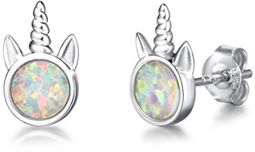 FANCIME Einhorn Ohrringe Ohrstecker 925 Sterling Silber mit Synthetischer Weiß Opal Unicorn Schmuck für Damen Kinder, mit Geschenk Box - Größe: 10 * 6 mm