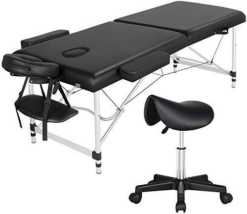 Yaheetech Portable Massage Table and Saddle Stool Set 2/3 Sections Folding SPA Bed Tattoo Beauty Therapy Couch Bed Set with Carry Bag Aluminium 2 Sections with stool
