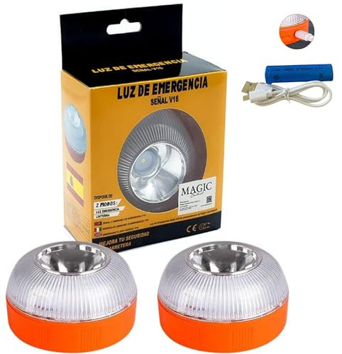 MAGIC SELECT Lumière d'urgence V16 Approuvé pour Signalisation Routière de Voitures et Motos. Flash Jaune et Blanc avec Base Magnétique et Batterie Rechargeable. Sans GPS.