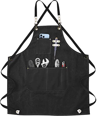 ChuerTech Grembiule da Lavoro, Grembiule Donna/Uomo Durevole di Tela con 3 Tasche per Falegname Tatuatore Fabbro Pittore Barista, Design a Tracolla, Adatto per Casa Lavoro Campeggio all'Aperto - Nero