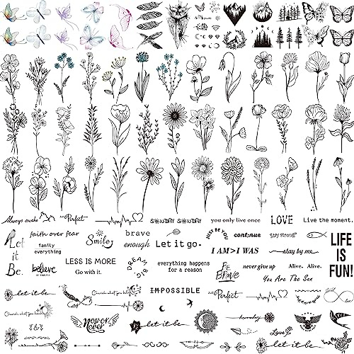 JEEFONNA 100 Sheets Realistic Temporary Tattoos, 240+ Pcs Multicolor Modern Floral & Inspirational Words Tattoos, Waterproof, 3+ Kids