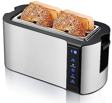 Elite Gourmet ECT5322 Long Slot 4 Slice Toaster, Countdown Timer, Bagel Function 6 Toast Setting, Defrost, Cancel Function, Built-in Warming Rack, Extra Wide Slots for Bagels Waffles, Stainless Steel