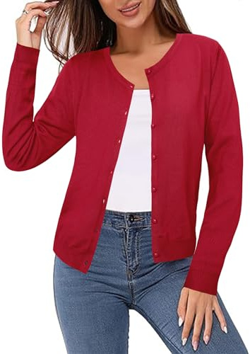 Irevial Cardigan Mujer Manga Larga Ligero con Cuello Redondo,Chaqueta de Punto Estilo Básico Elegante Cárdigan Jersey con Botones Rebecas Casual para Primavera Otoño Rojo S