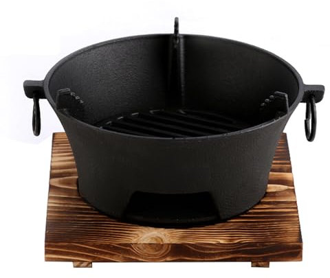 Braciere in ghisa con vassoio in legno, utensili da cucina per esterni e riscaldamento da patio, diametro 25 cm, pezzo unico, stampaggio e doppio estrattore per orecchie per barbecue