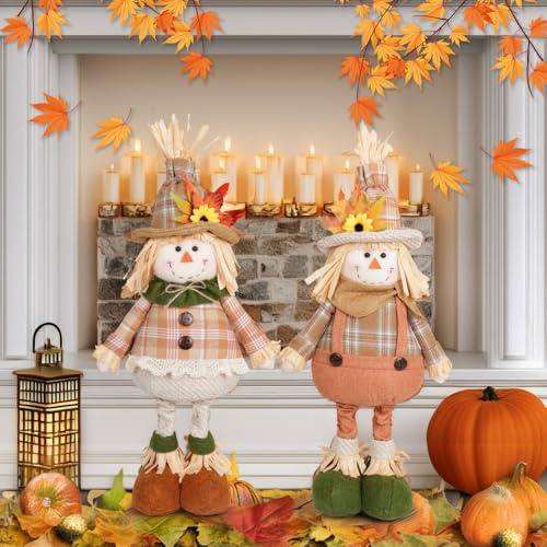 GZWY Herbstdeko Wichtel, 2er Herbst Dekoration Wichtel Figuren mit Ausziehbaren Beinen, Herbst Deko Vogelscheuche Puppen mit Sonnenblume Herbstdeko Innen Wichtel Figuren für Thanksgiving Herbst (A)