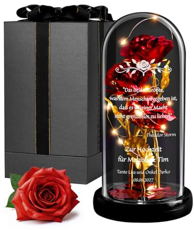 Maverton Rosa Stabilizzata in Cupola Personalizzata | Regalo Coppia Anniversario Matrimonio, Rosa Eterna con luci LED, Idee Regalo Fidanzato o Fidanzata, Dimensioni 21 cm x 11 cm