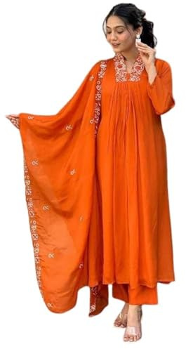 RangMahal Store Women’s Cotton Anarkali Kurti Pant Dupatta Set | Flared 3-Piece Indian Ethnic Dress for Women | Traditional Outfit for Festive, Wedding Guest, Party & Evening Wear- Medium