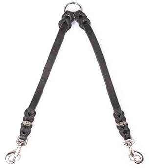 CopcoPet Fettleder-Doppelleine 50 cm x 15mm Schwarz – Koppel & Zwillingsleine für 2 Hunde – Robuste Verbindung mit 2 verchromten Karabinern – Geflochten & langlebig – Für große Hunde