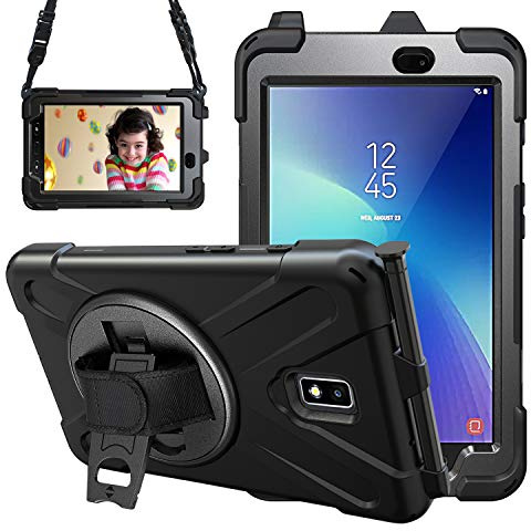Gerutek Funda Anticaída para Samsung Galaxy Tab Active 2, 8 Pulgadas SM-T390/T395/T397, Carcasa Rugosa con Soporte Rotación, Correa de Mano/Hombro, Funda Antichoque para Samsung Tab Active 2 8, Negro