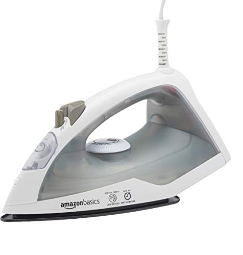Amazon Basics 1200W 10” Steam Iron, With Non-Stick Teflon Soleplate, 5 Fl Oz Water Tank (150 ML), Auto Shut-Off, Anti-Drip, Anti-Calcification, Thermostat, 6.5Ft Cord, Gray