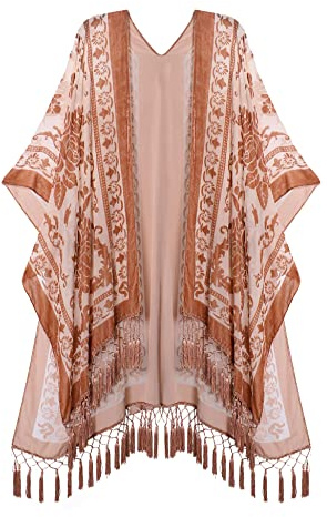 Women's Burnout Velvet Kimono Long Cardigan Cover Up with Tassel (Sand)
