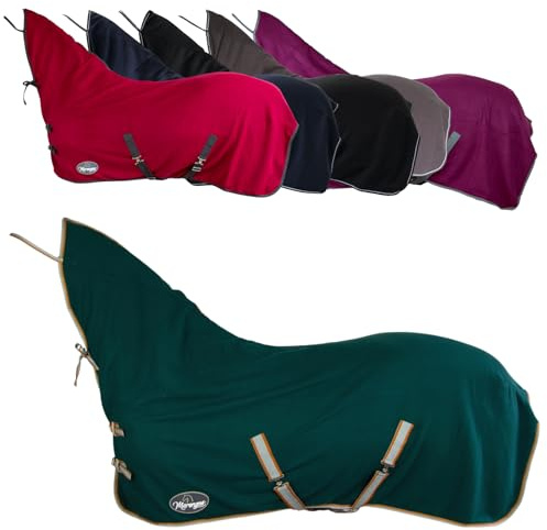 Marengos - Abschwitzdecke Economic mit Halsteil – Tannengrün – 155cm | Pferdedecke mit Kreuzgurt, Metallverschluss, Schweifkordel – atmungsaktive Fleecedecke – Pferde-Outdoordecke – Zubehör