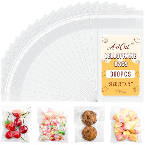 Artcut 300 PCS Cellophane Bags, 3 X 5 Cookie Bags, Self Adhesive Clear Bag, Self Seal Bag for Sweets, Gifts, Jewellery