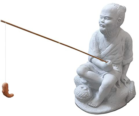 Thaiboo Gartenfigur Asiate beim Angeln Angler am Teich Steinfigur Teichdeko Gartendeko Beton Gartenskulptur (Hell)